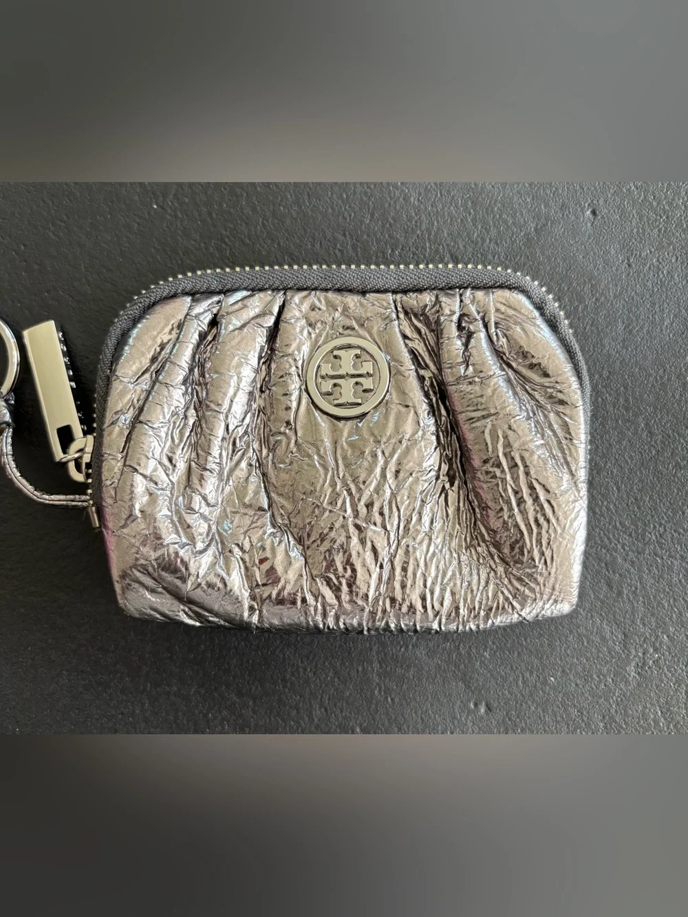 Tory Burch Metallic Crinkled leather Silver Zip Pouch